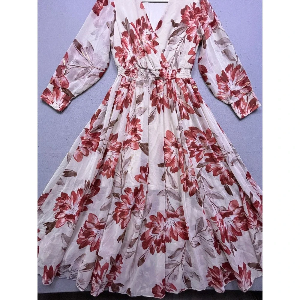 Alexa B Maxi Dress Chiffon Floral Red Gold 4P Womens